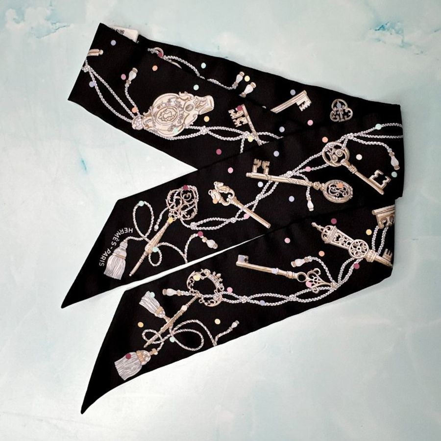 HERMES 全新黑色twilly圓點鑰匙絲巾-3