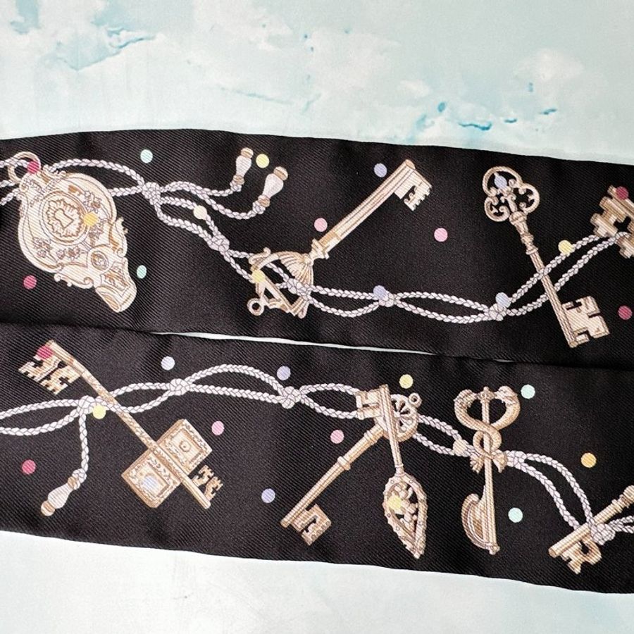 HERMES 全新黑色twilly圓點鑰匙絲巾-4