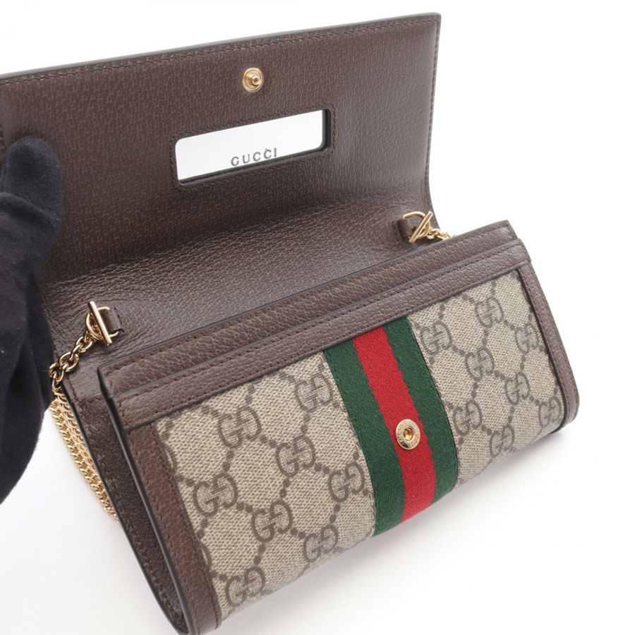 GUCCI Ophidia GG Supreme 鏈條單肩包 帆布皮革 米棕色 全新 WOC-4