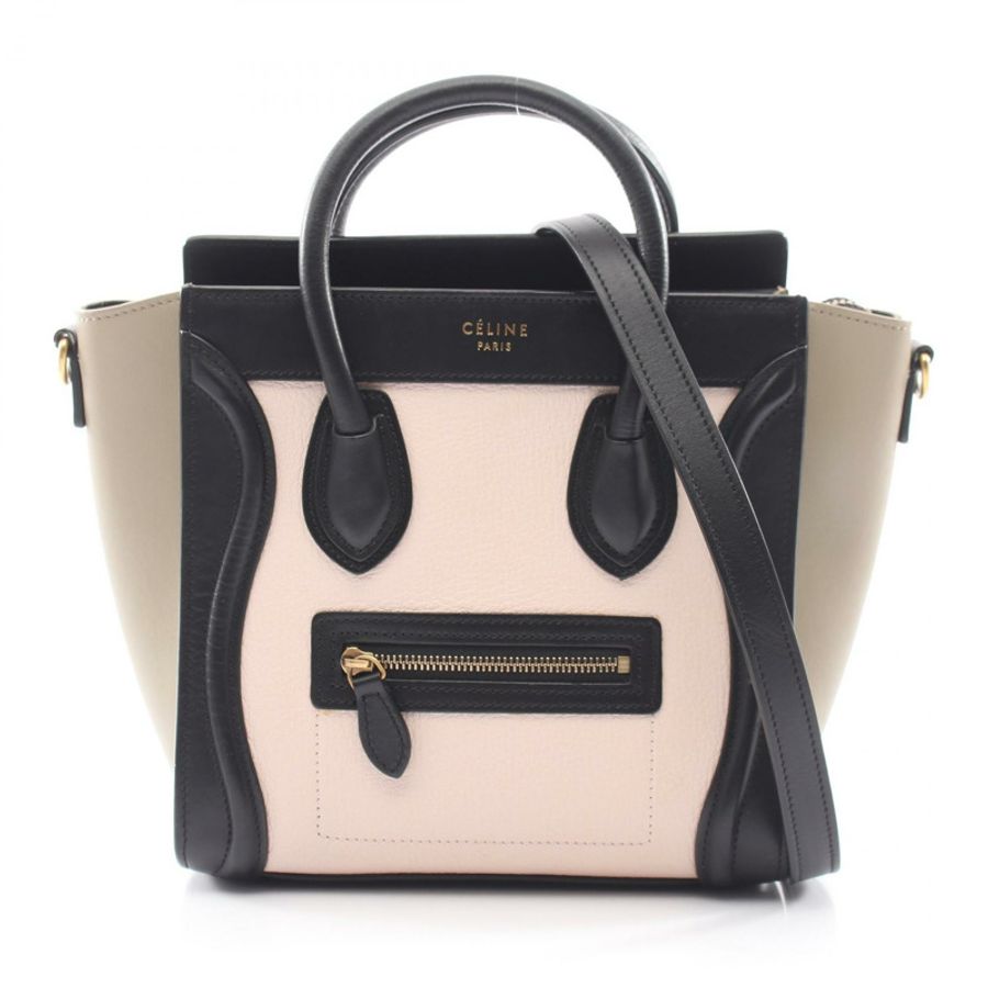 CELINE Luggage Nano Shopper 2WAY 單肩手提包 168243 皮革 粉紅色 黑色-0