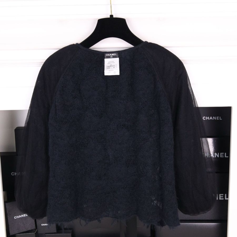 Chanel 09年俄罗斯莫斯科系列秀款黑色羊毛网纱波浪蝴蝶结领口开衫外套-3