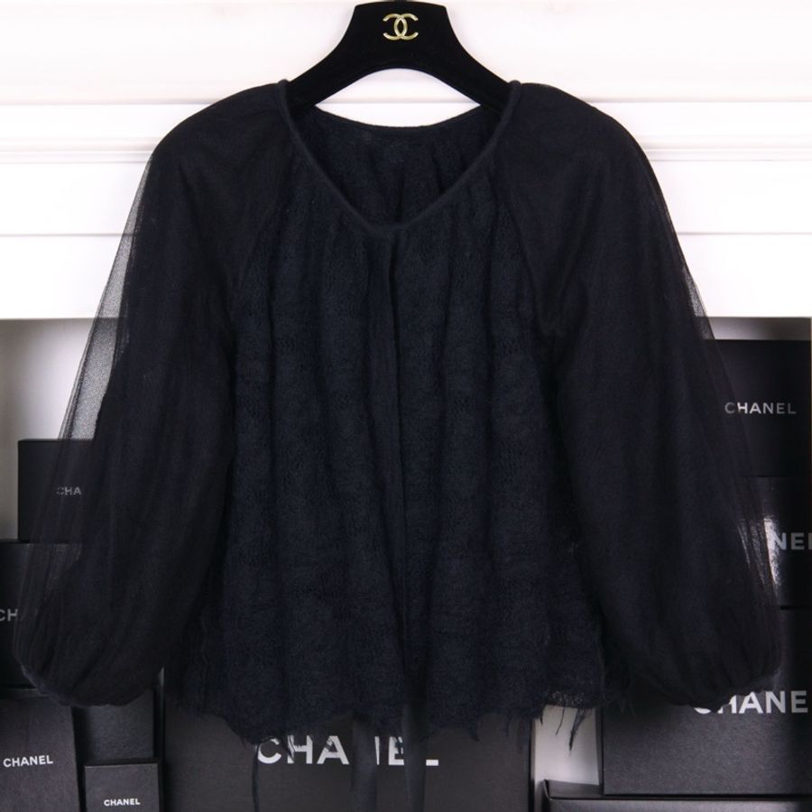 Chanel 09年俄罗斯莫斯科系列秀款黑色羊毛网纱波浪蝴蝶结领口开衫外套-4