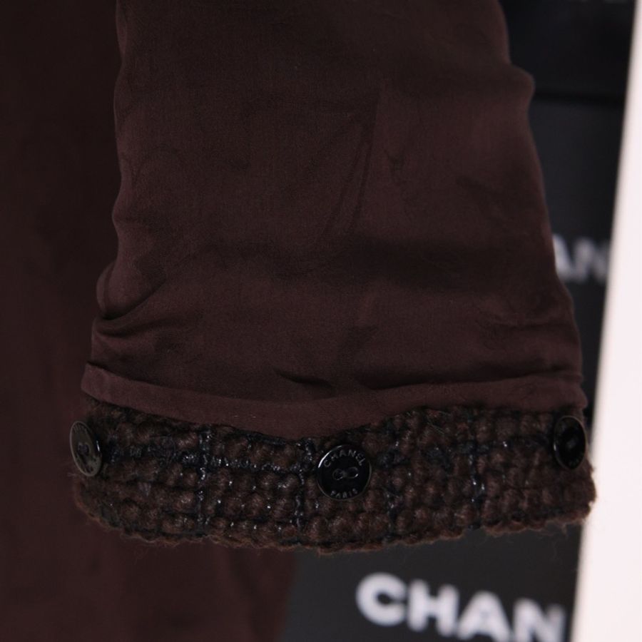 Chanel 10年上海巴黎系列棕色格纹粗花呢毛毛领口袖口滚边上衣半裙套装毛领可拆卸-38