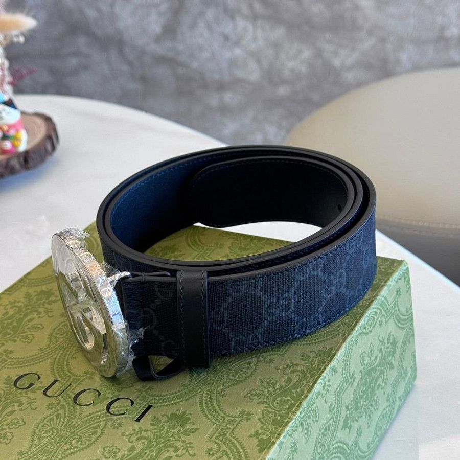 GUCCI 黑灰老花帆布銀扣皮帶-1