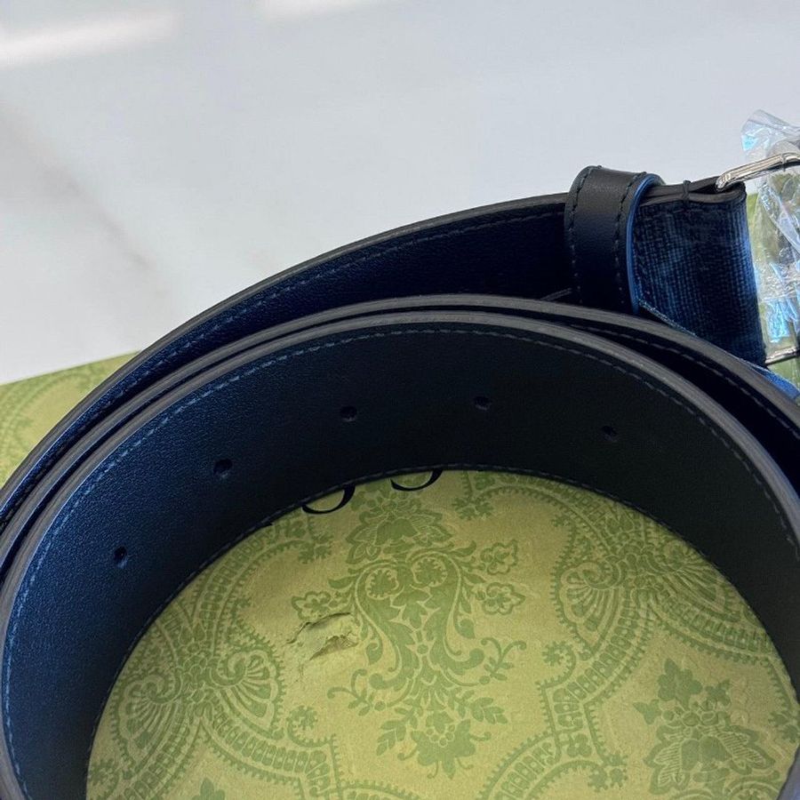GUCCI 黑灰老花帆布銀扣皮帶-3