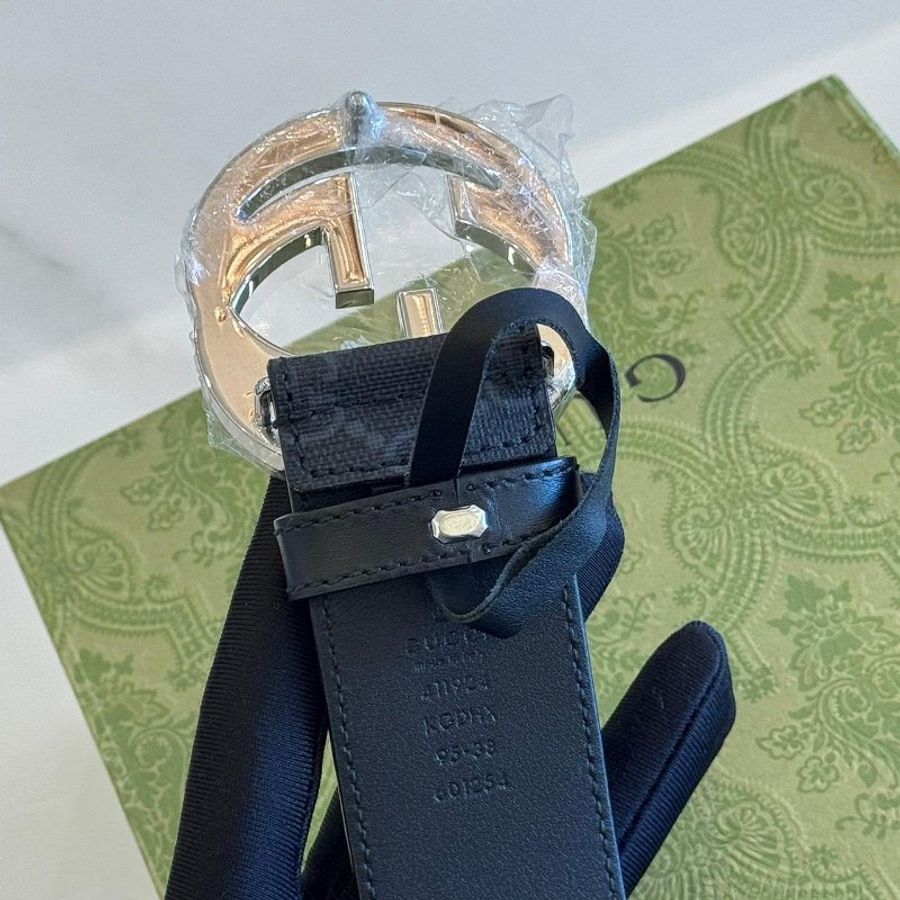 GUCCI 黑灰老花帆布銀扣皮帶-4