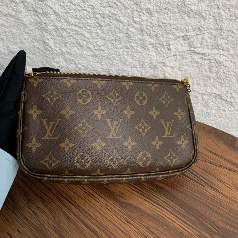 路易威登LOUIS VUITTON Multi Pochette Accessoires 棕色老花五合一 麻將包腋下包手拿包斜挎包單肩包 肉粉色肩帶 金扣-1