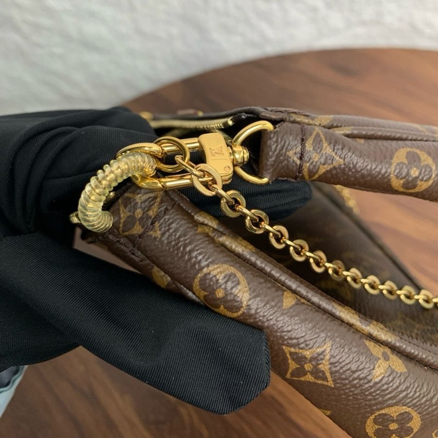 路易威登LOUIS VUITTON Multi Pochette Accessoires 棕色老花五合一 麻將包腋下包手拿包斜挎包單肩包 肉粉色肩帶 金扣-4