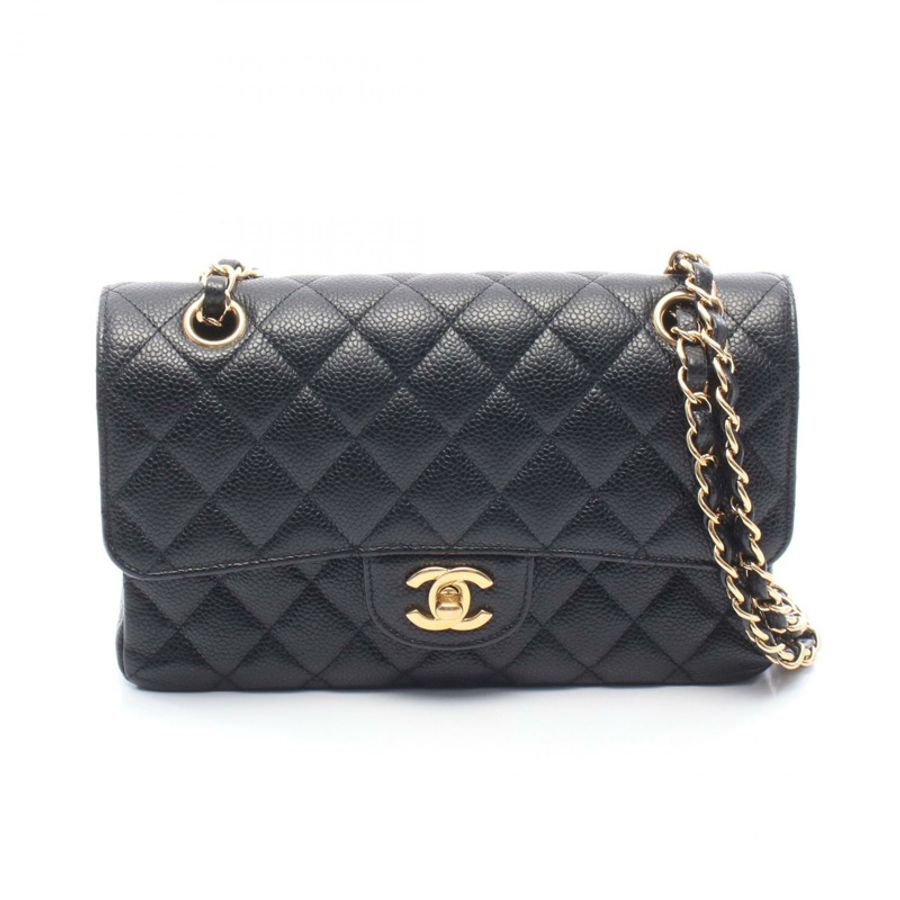 香奈兒 (CHANEL) Matelasse 雙蓋鏈條肩背包 A01113 小牛皮 黑色 金色五金 二手-0