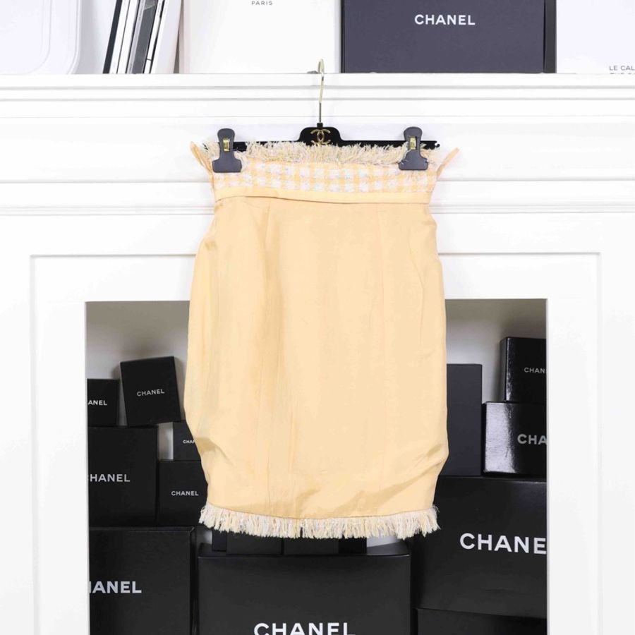 Chanel 94年黄色格纹糖豆电话线滚边上衣外套半裙套装-15