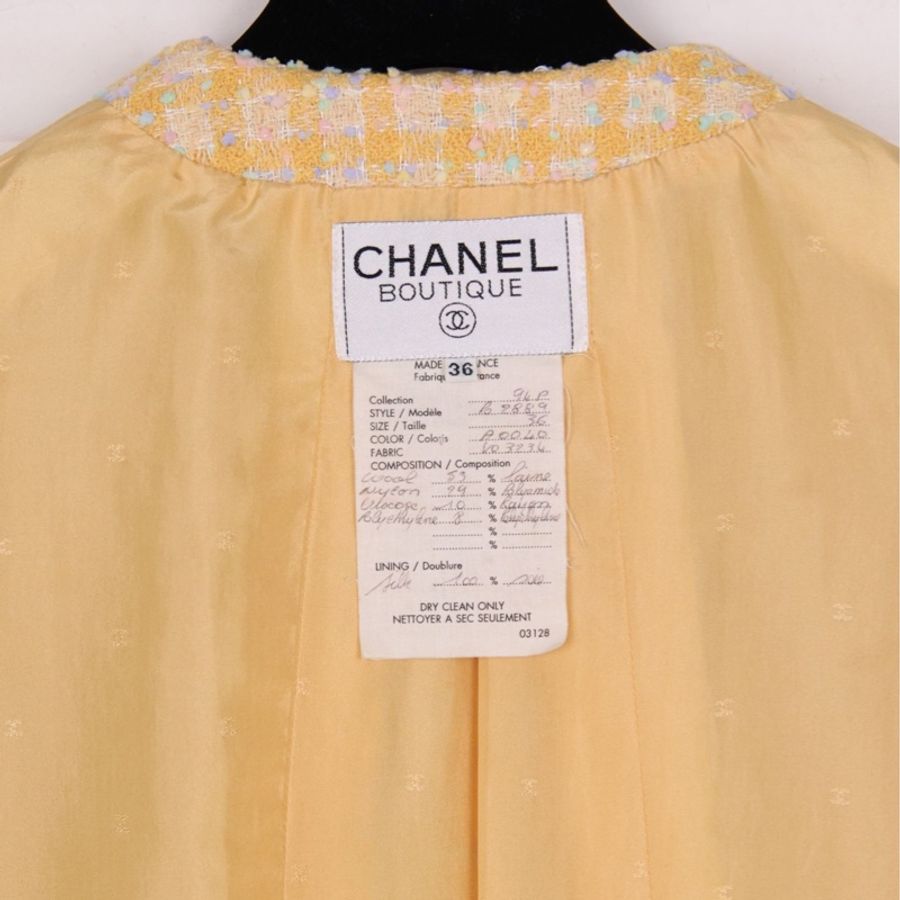 Chanel 94年黄色格纹糖豆电话线滚边上衣外套半裙套装-23