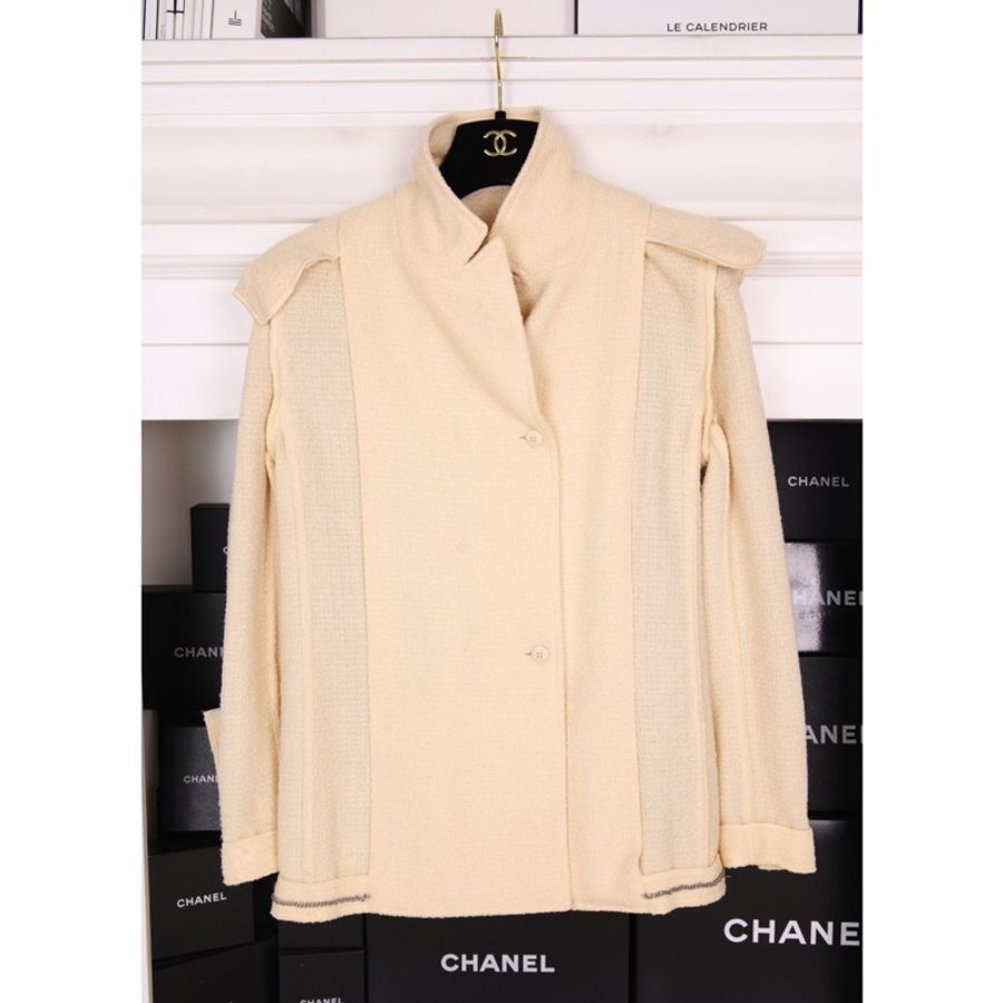 Chanel 98年奶白色羊毛双排扣上衣外套半裙套装-2
