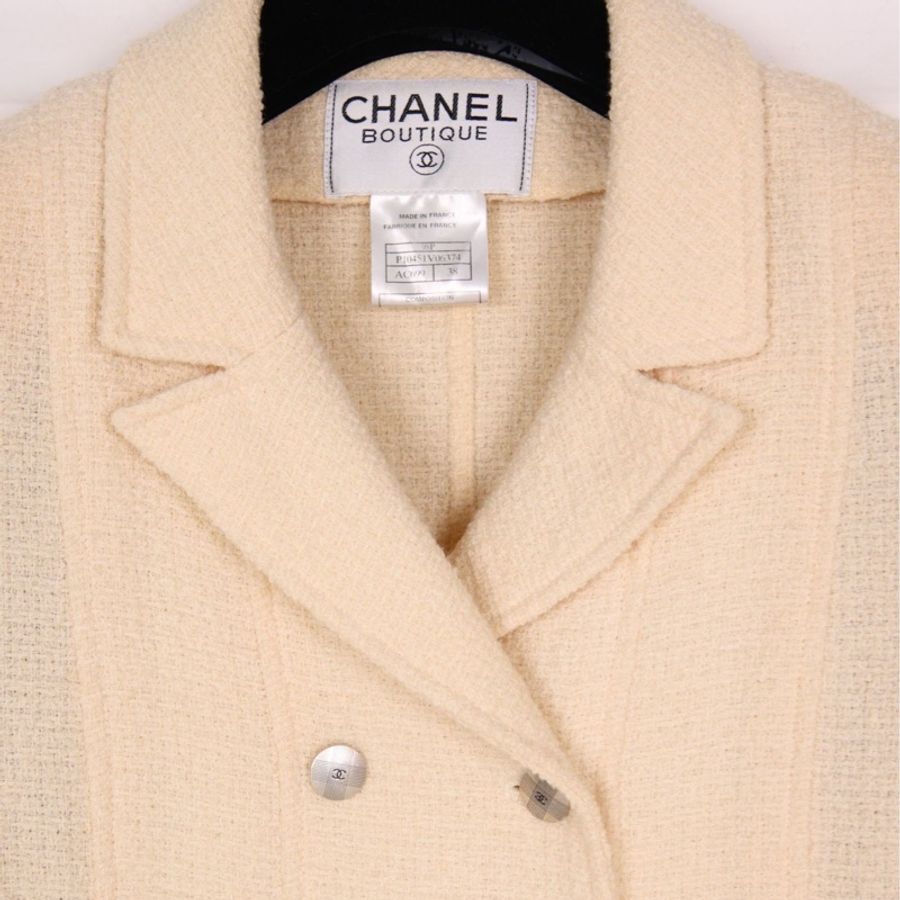 Chanel 98年奶白色羊毛双排扣上衣外套半裙套装-24