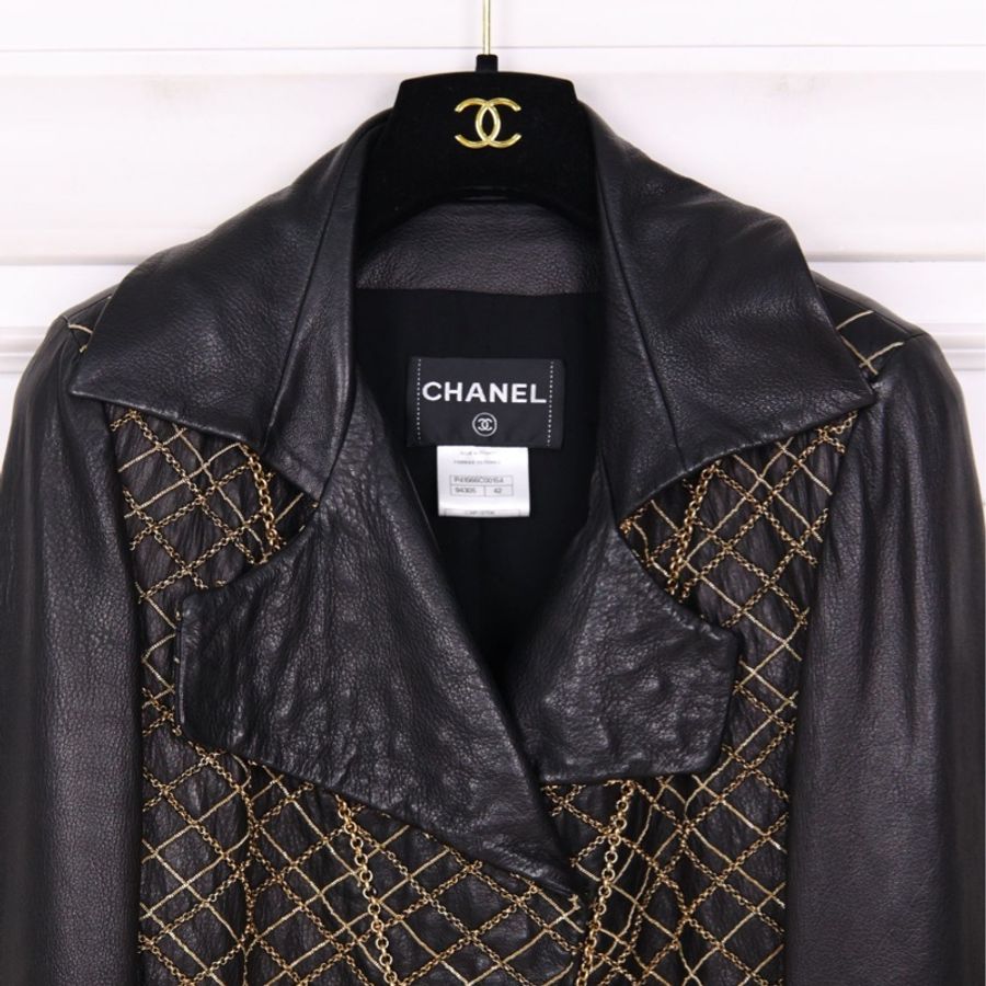 Chanel 11年拜占庭金色菱格纹链条小羊皮皮衣外套-14