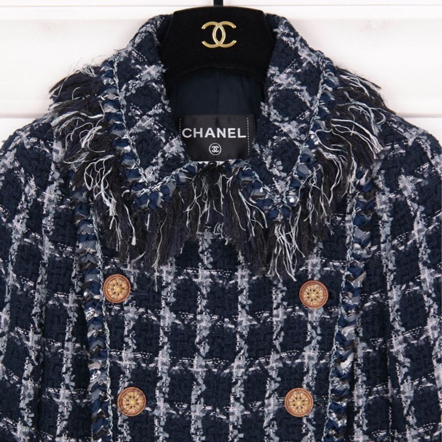Chanel 14年达拉斯秀款蓝色格纹粗花呢毛领上衣外套-14