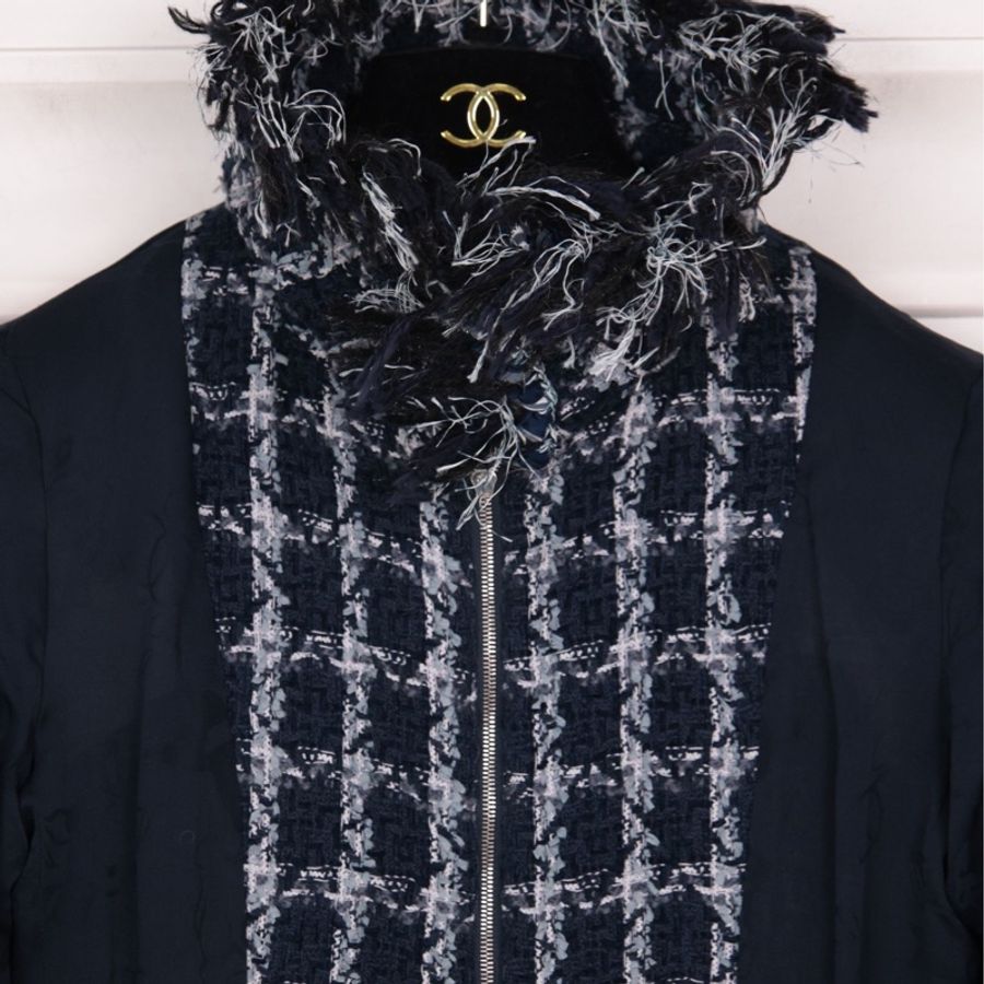 Chanel 14年达拉斯秀款蓝色格纹粗花呢毛领上衣外套-15