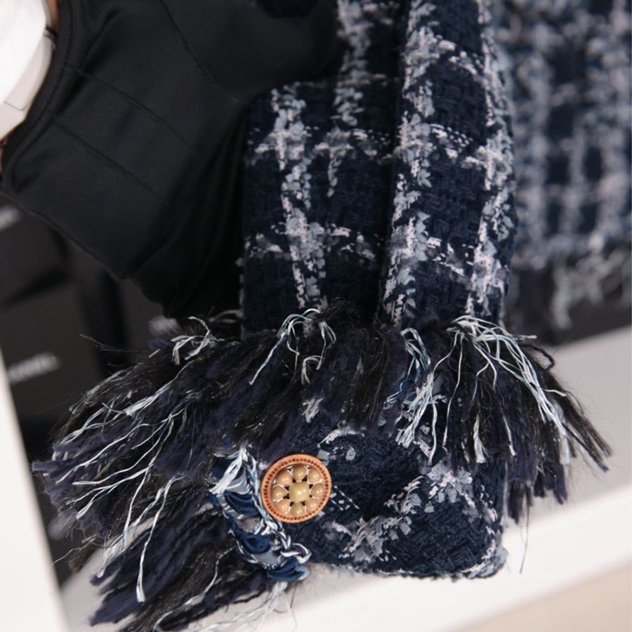 Chanel 14年达拉斯秀款蓝色格纹粗花呢毛领上衣外套-41