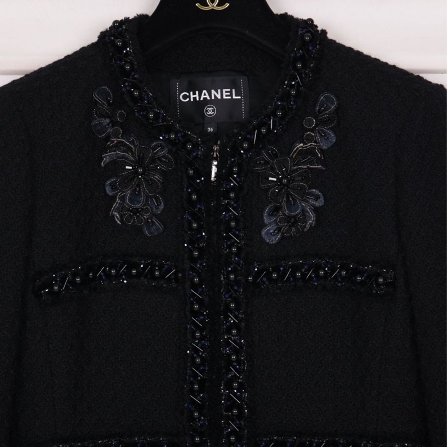 Chanel 17年大都会系列秀款黑色重工刺绣花朵钉珠滚边上衣外套-15