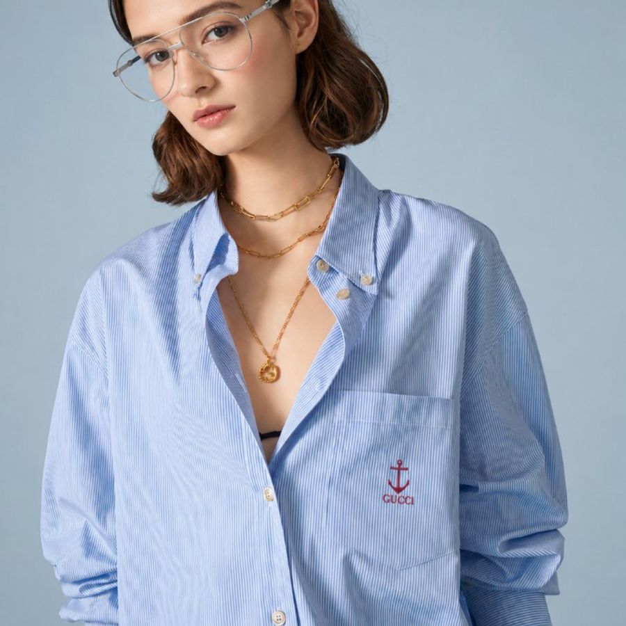 42號 ::GUCCI:: Striped cotton shirt in blue and white 藍白直紋 紅色刺繡襯衫-0