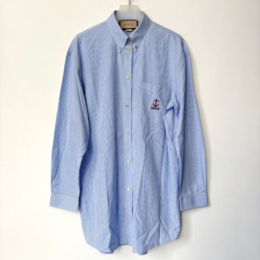 42號 ::GUCCI:: Striped cotton shirt in blue and white 藍白直紋 紅色刺繡襯衫-1