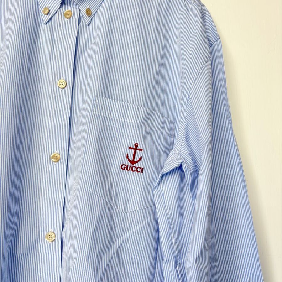 42號 ::GUCCI:: Striped cotton shirt in blue and white 藍白直紋 紅色刺繡襯衫-2