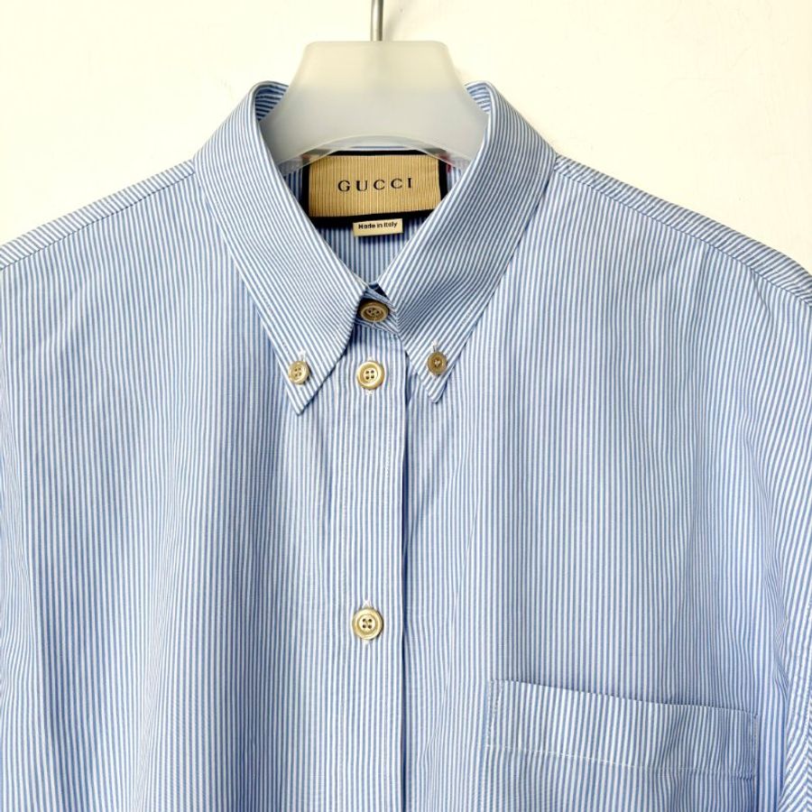 42號 ::GUCCI:: Striped cotton shirt in blue and white 藍白直紋 紅色刺繡襯衫-5