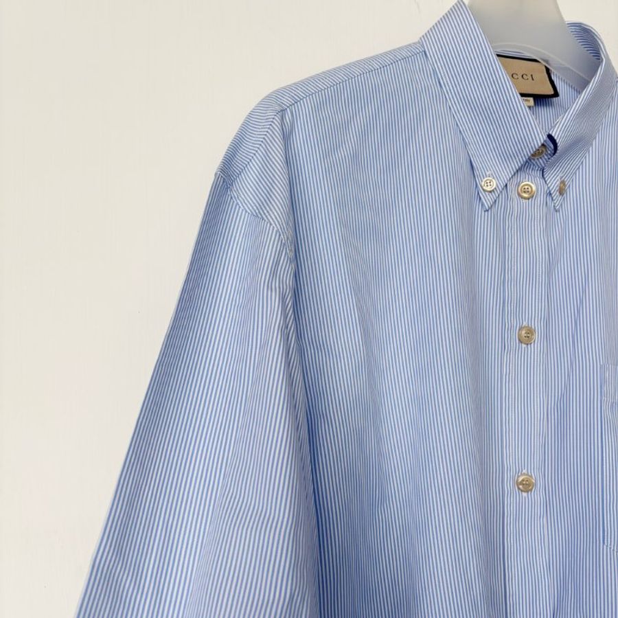 42號 ::GUCCI:: Striped cotton shirt in blue and white 藍白直紋 紅色刺繡襯衫-9