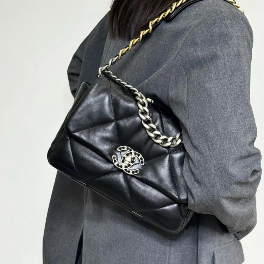 💎Chanel香奈兒|黑銀19Bag 大菱格金剛款枕頭包|中號30cm|98新芯片款-0