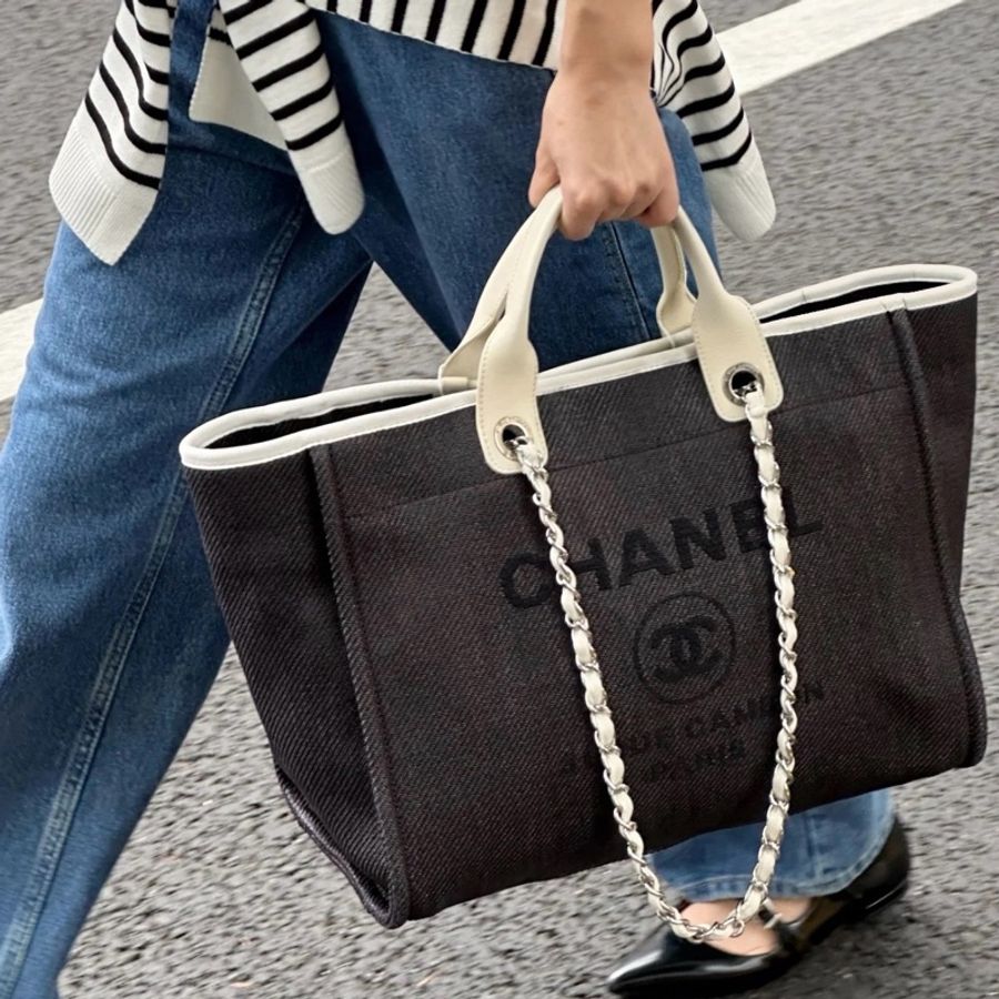 💎Chanel香奈兒|黑白經典🐼配色沙灘包手柄款|大號|98新-0