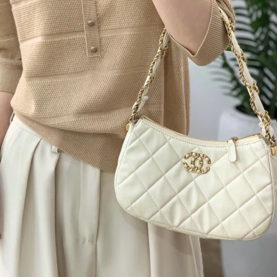 💎Chanel香奈兒|白色金扣19bag腋下hobo|大號|99新23k芯片款-0