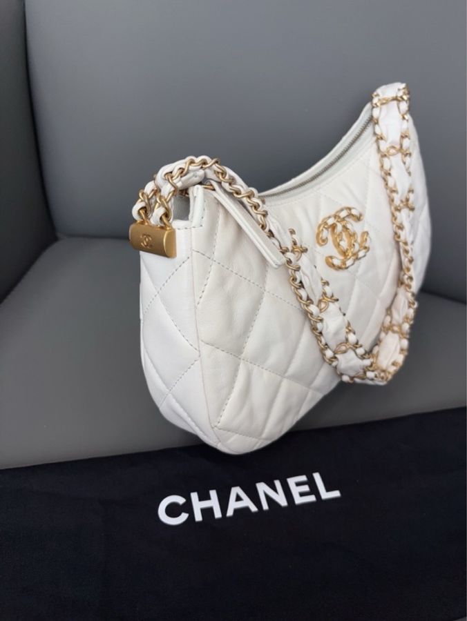 💎Chanel香奈兒|白色金扣19bag腋下hobo|大號|99新23k芯片款-9