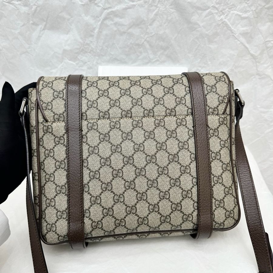 Gucci古馳經典款男包棕色雙G老花郵差包斜挎包烏木色GG Supreme帆布-8