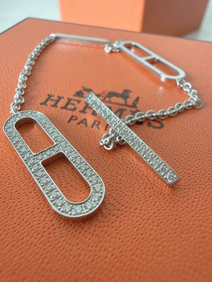 HERMES✨Ever Chaine 18K白金滿鑽豬鼻子手鍊 櫃上26萬-2