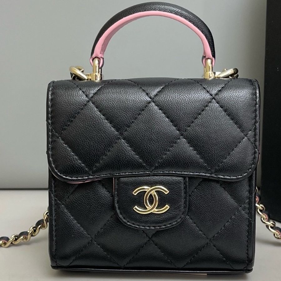 Chanel香奈兒 黑粉全皮菱格迷你郵差包 芯片款-8