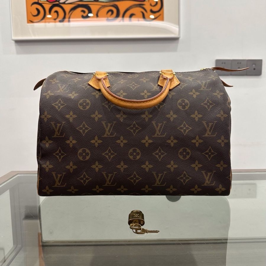 Louis Vuitton路易威登 LV Speedy30滿印老花字母logo深棕色枕頭包手提包30-1