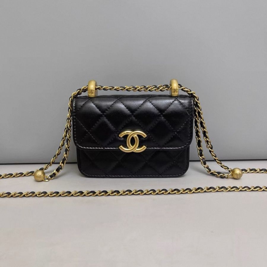Chanel香奈兒 黑金全皮菱格雙金球 mini鏈條包-0