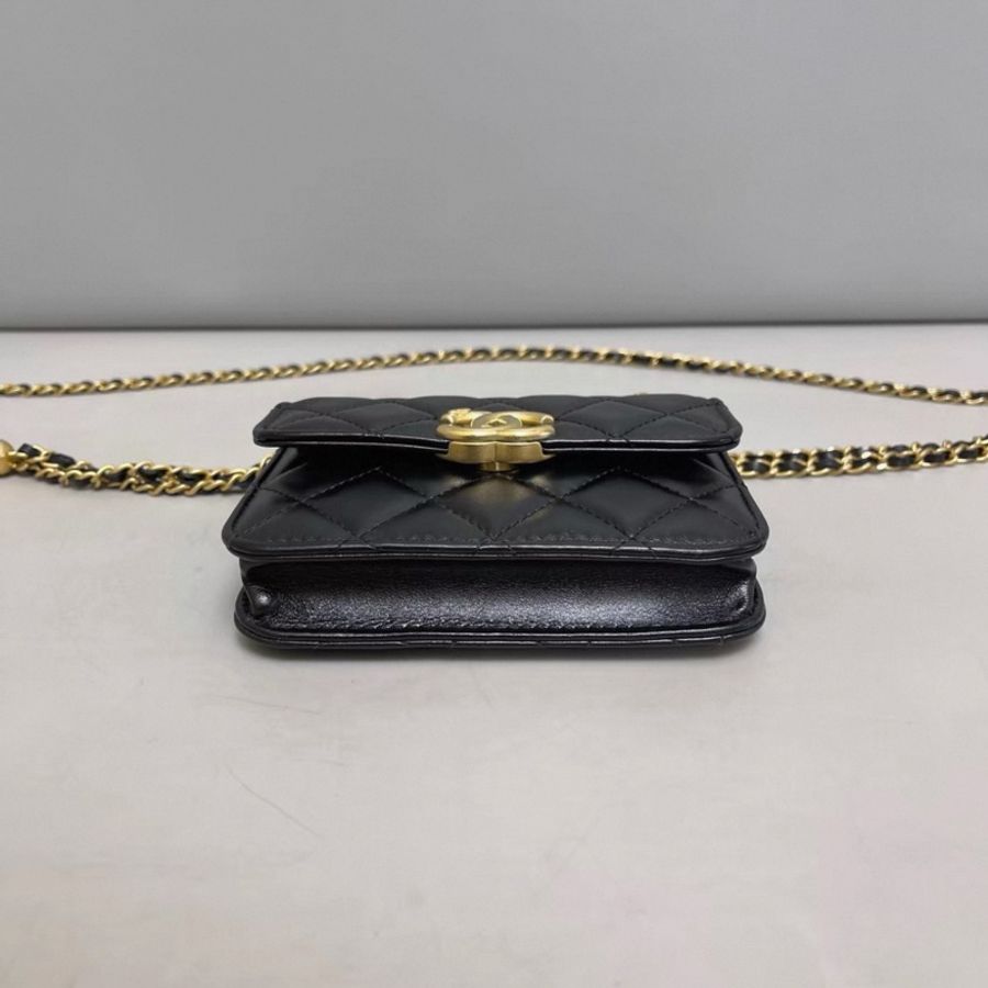 Chanel香奈兒 黑金全皮菱格雙金球 mini鏈條包-3