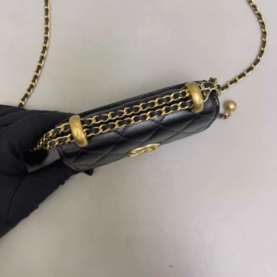 Chanel香奈兒 黑金全皮菱格雙金球 mini鏈條包-4