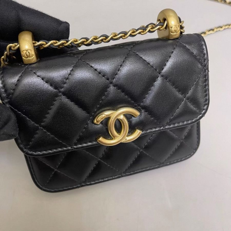 Chanel香奈兒 黑金全皮菱格雙金球 mini鏈條包-5