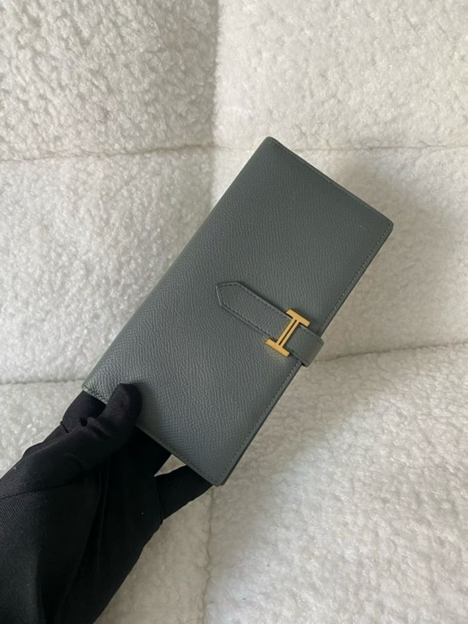 98新Hermes 愛馬仕bearn長錢包錢夾杏仁綠金扣 ep皮-0