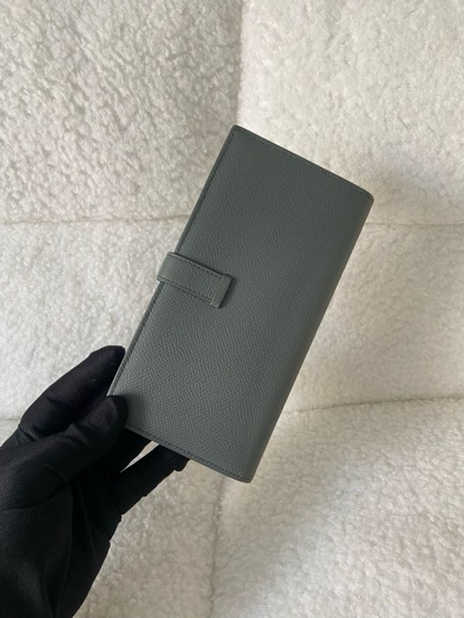 98新Hermes 愛馬仕bearn長錢包錢夾杏仁綠金扣 ep皮-1