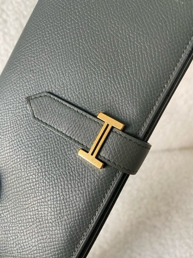 98新Hermes 愛馬仕bearn長錢包錢夾杏仁綠金扣 ep皮-2
