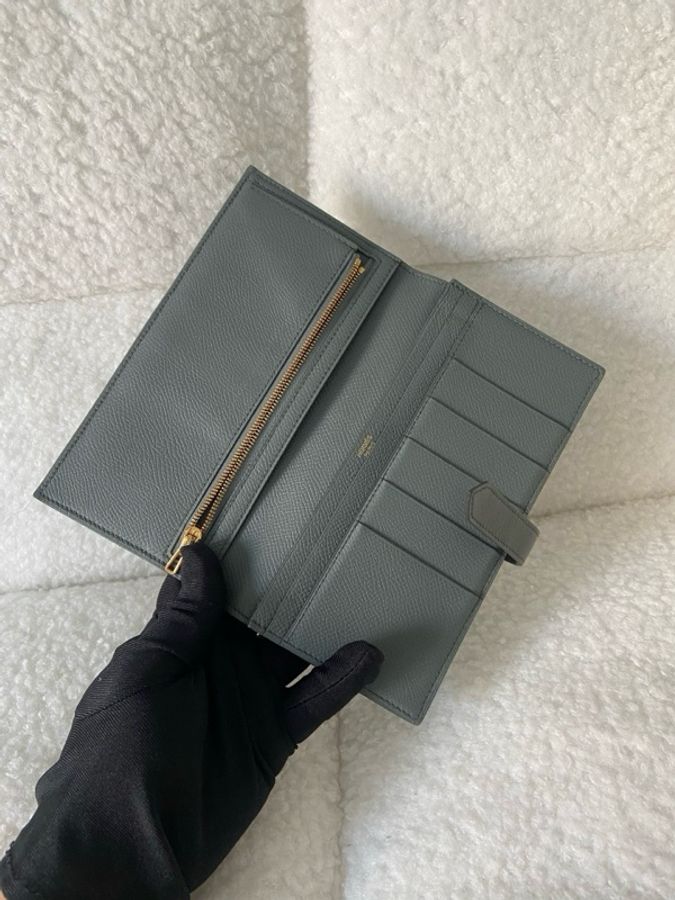 98新Hermes 愛馬仕bearn長錢包錢夾杏仁綠金扣 ep皮-3