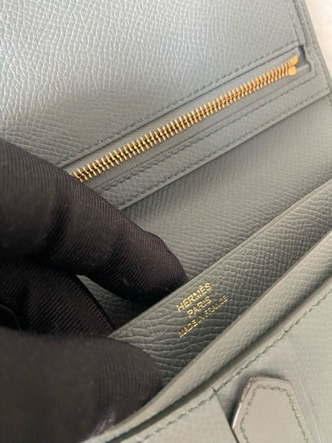 98新Hermes 愛馬仕bearn長錢包錢夾杏仁綠金扣 ep皮-4