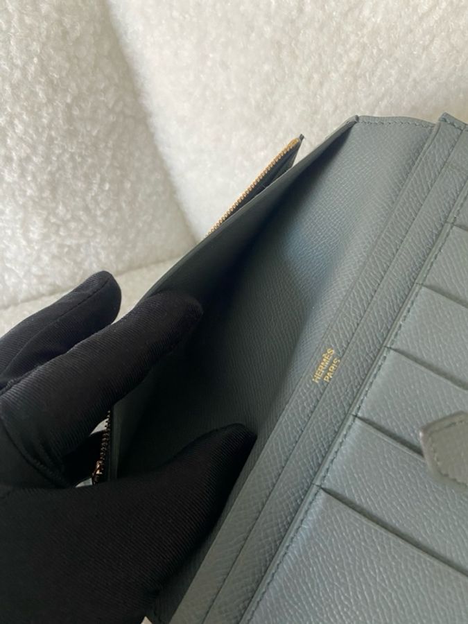 98新Hermes 愛馬仕bearn長錢包錢夾杏仁綠金扣 ep皮-5