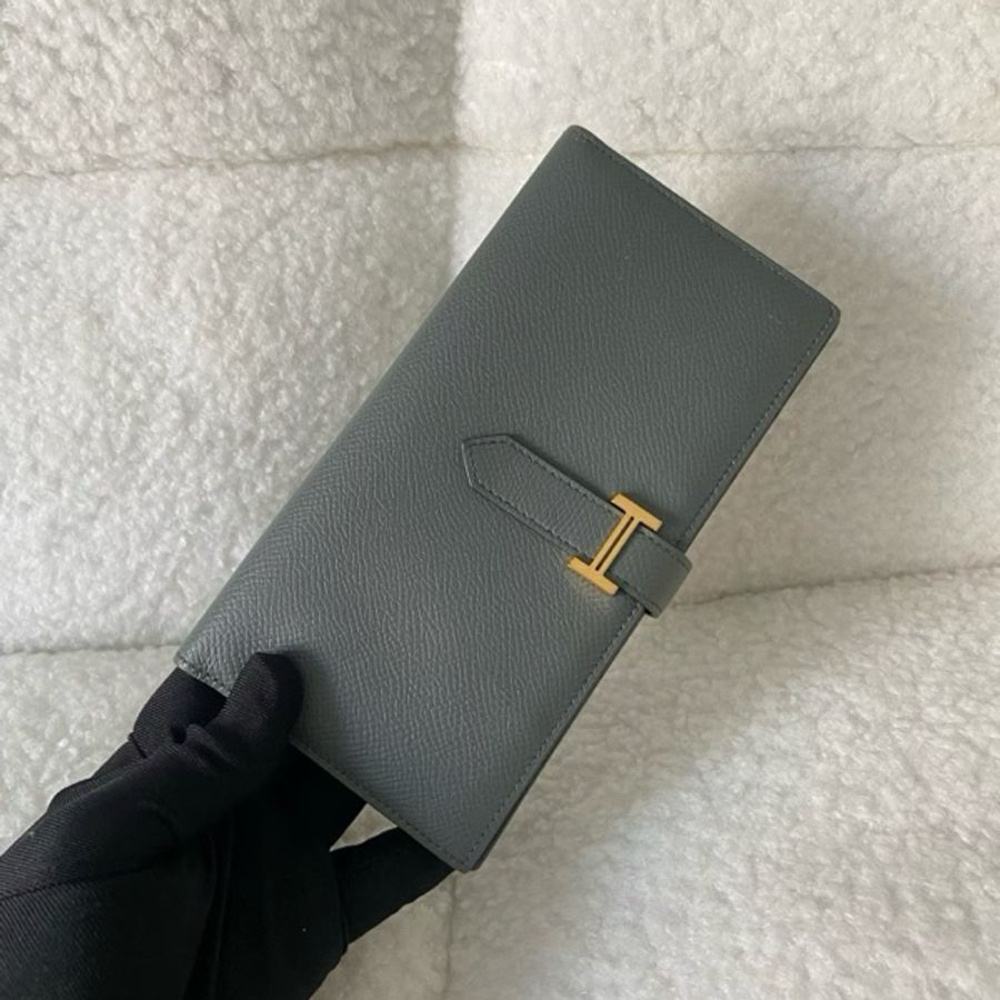 98新Hermes 愛馬仕bearn長錢包錢夾杏仁綠金扣 ep皮-7