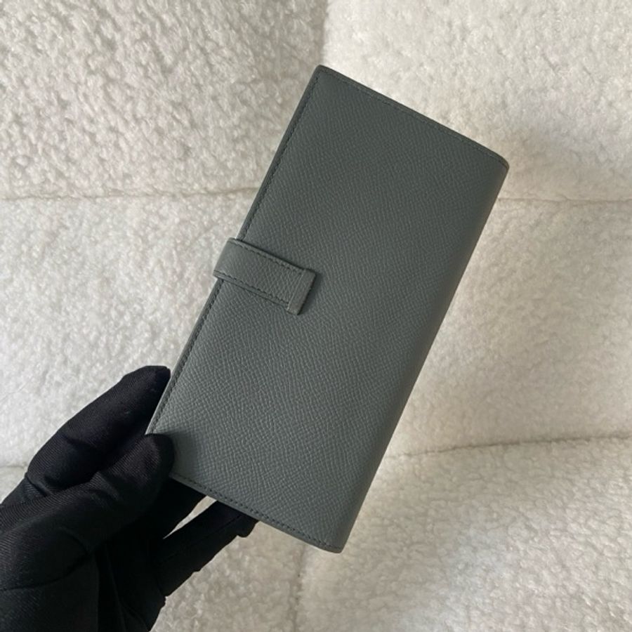 98新Hermes 愛馬仕bearn長錢包錢夾杏仁綠金扣 ep皮-8