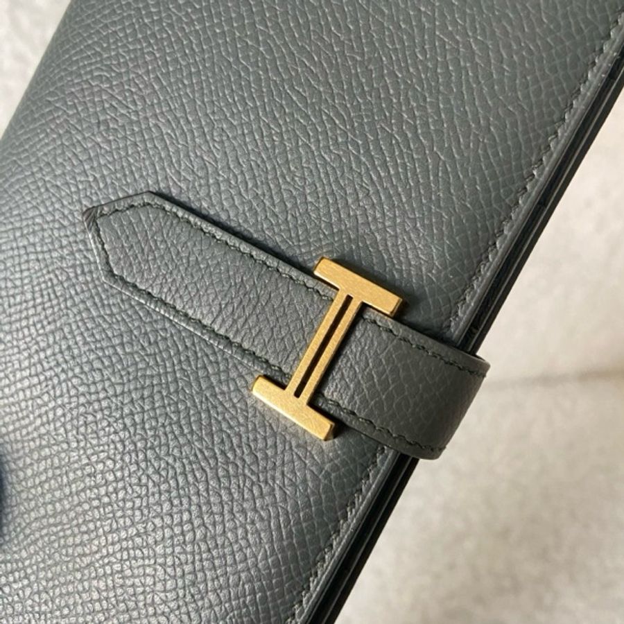 98新Hermes 愛馬仕bearn長錢包錢夾杏仁綠金扣 ep皮-12