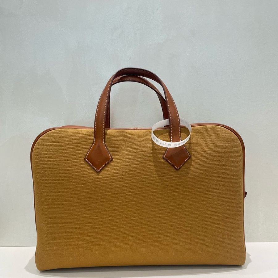 愛馬仕 Hermes victoria維多利亞帆布拼皮手拎包 框Q刻-1