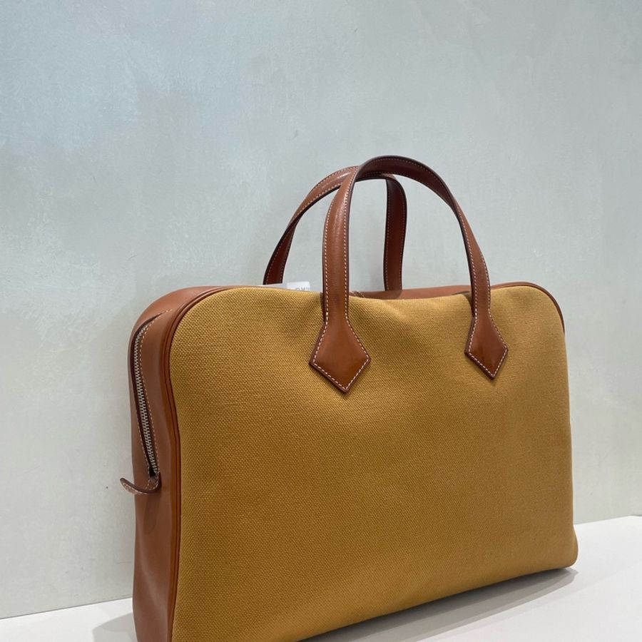 愛馬仕 Hermes victoria維多利亞帆布拼皮手拎包 框Q刻-2